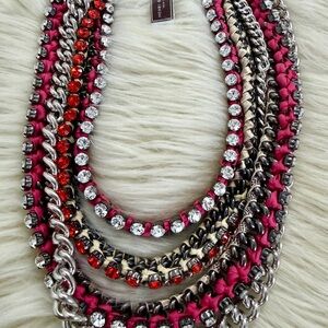 Henri Bendel Homage Statement Bib Chain Necklace Crystal Pink Silver Red Metal